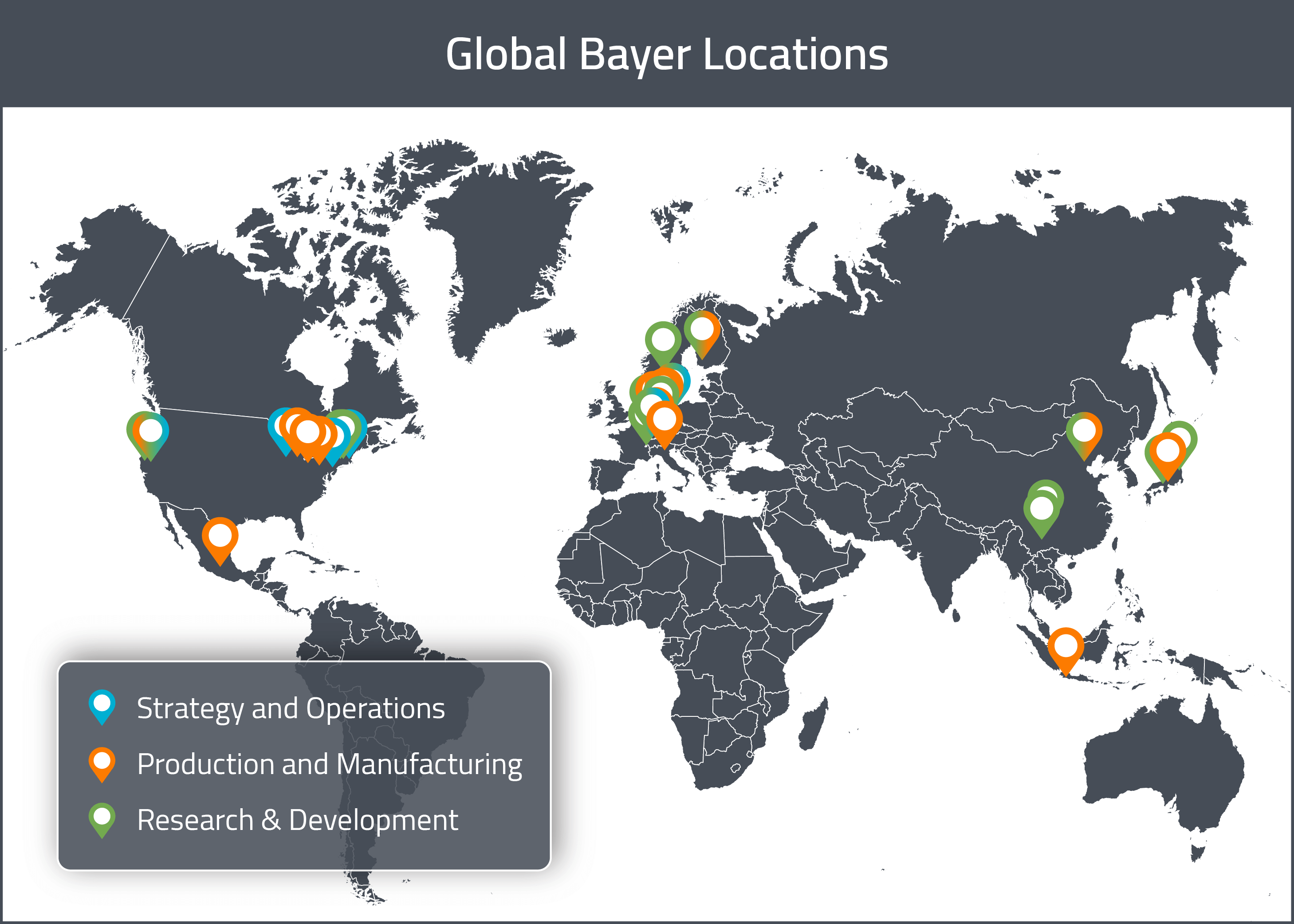 A map of Bayer's Global Drug Development and Manufacturing locations