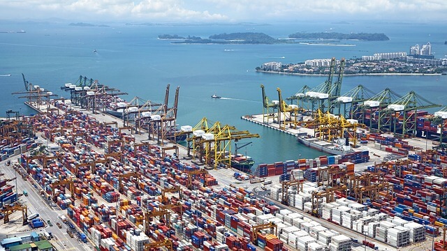 An aerial view of busy shipping port