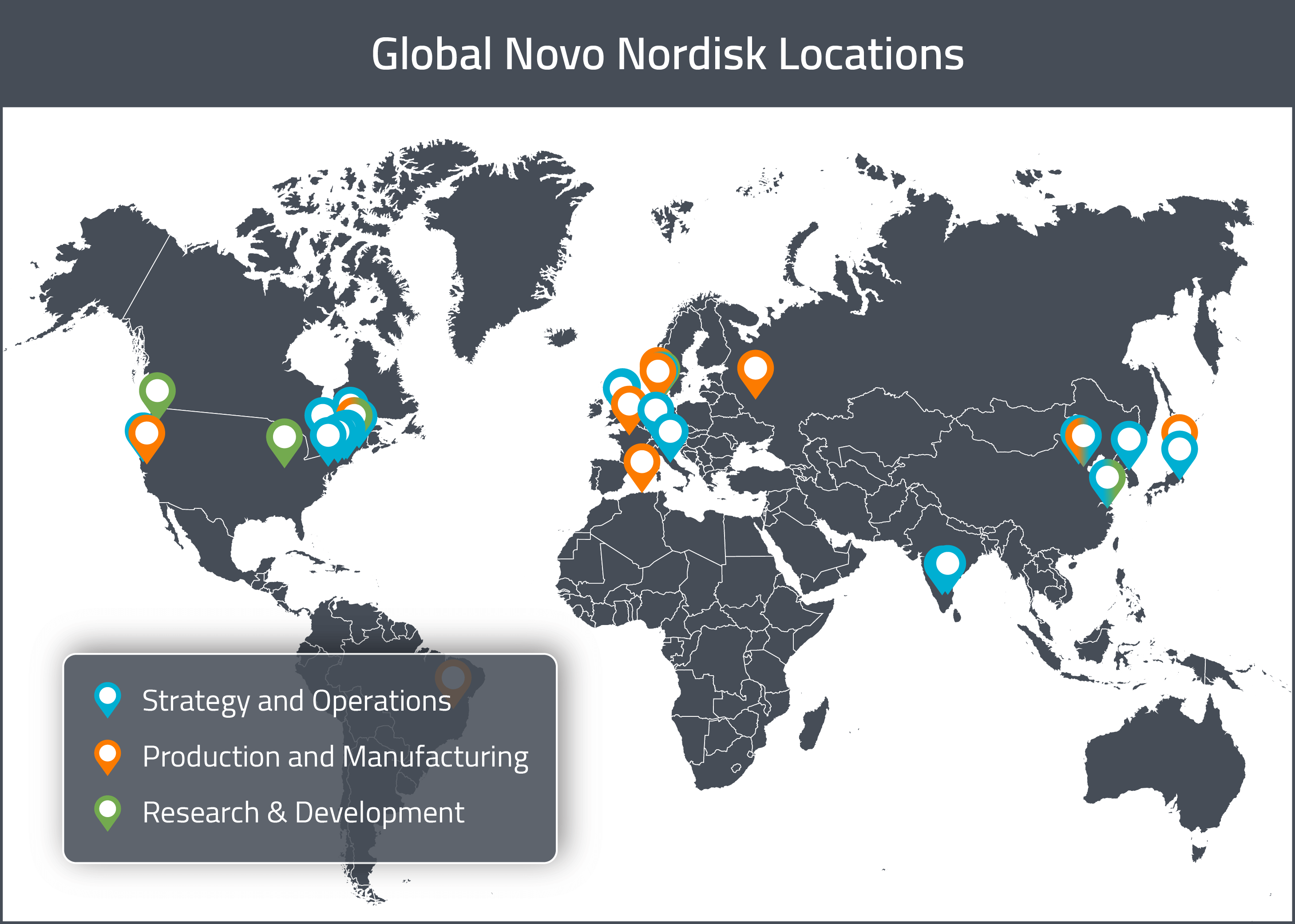 A map of Novo Nordisk's Global Drug Development and Manufacturing locations