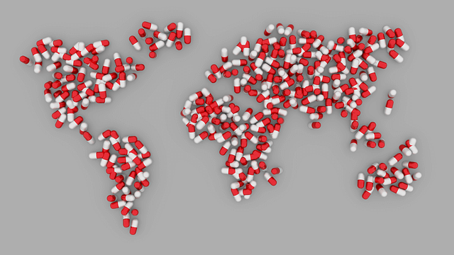 A world map diagram made of pharmaceutical pills