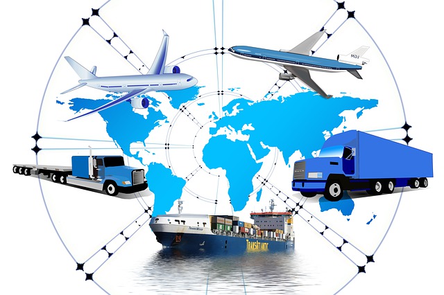 Global logistics diagram with planes trucks and ships