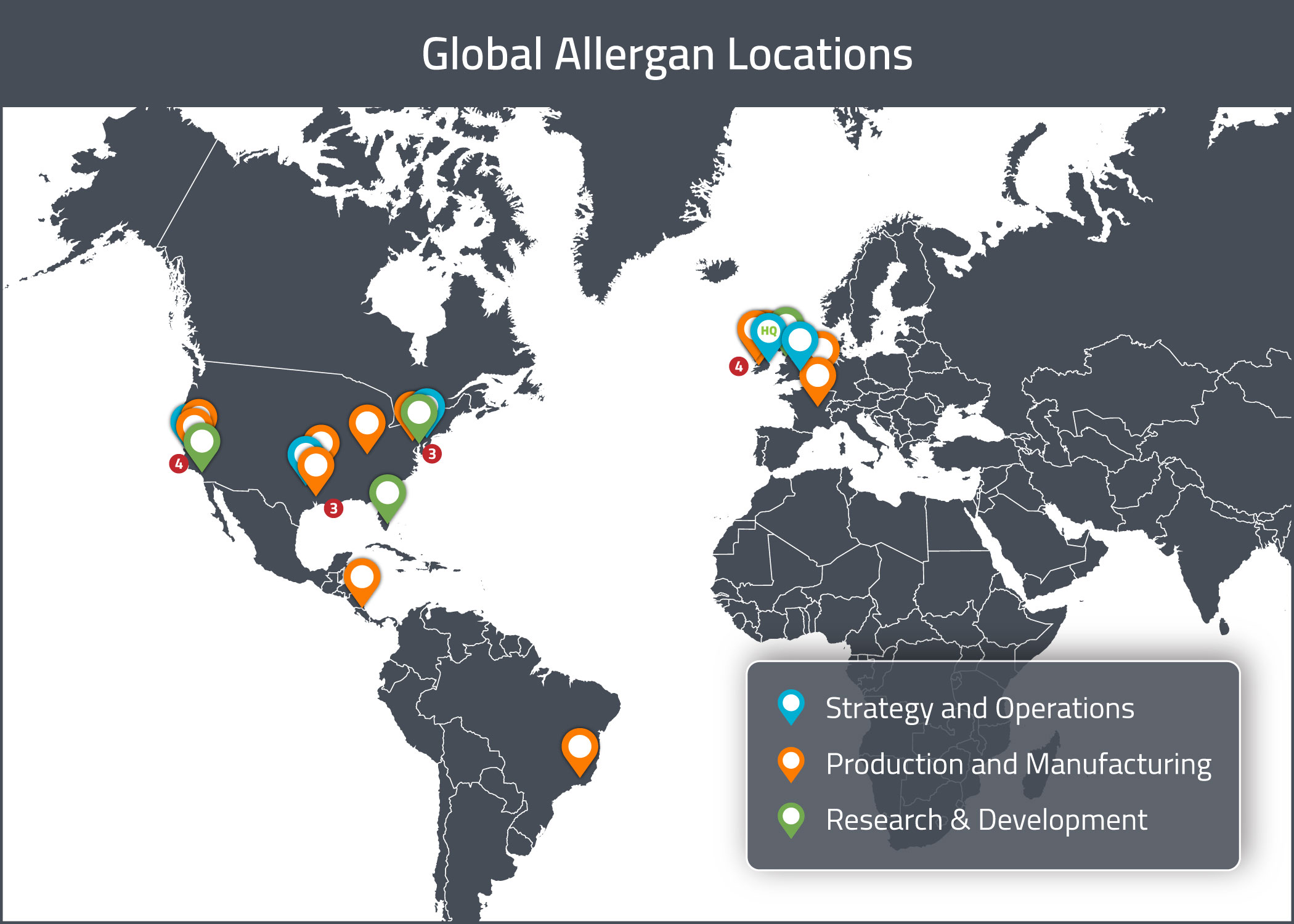 A visual map of Allergan's global offices and locations